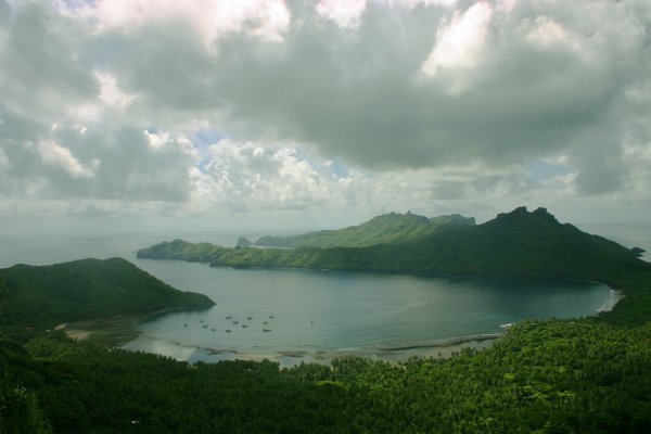 View of Anaho Bay from top of mountain hike to Hatiheu village